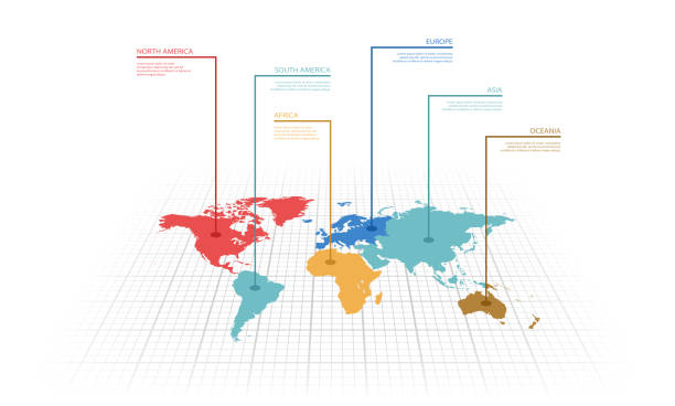 Vector illustration infographic of the World map Vector illustration infographic of the World map with continents highlighted by different colors and labels world map stock illustrations
