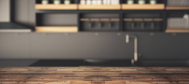 istock Wooden counter on kitchen wallpaper 940442384