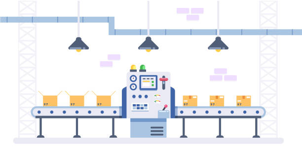 Packing and Production line concept in flat style. Industrial machine vector illustration. Cardboard Boxes on conveyor belt in factory. Cardboard Boxes on conveyor belt in factory. Packing and Production line concept in flat style. Industrial machine vector illustration. cartoon robot images stock illustrations