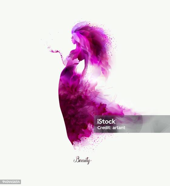 Purple Decorative Composition With Girl Magenta Blots Formed Abstract Woman Figure Stock Illustration - Download Image Now
