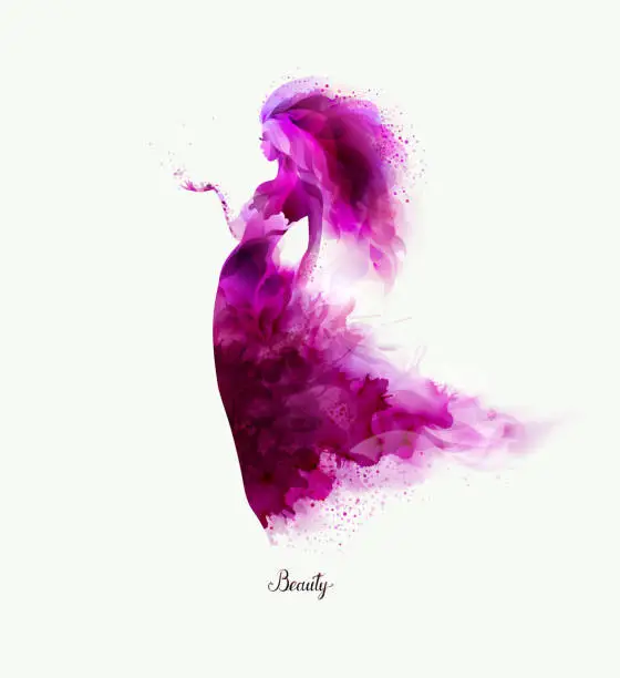 Vector illustration of Purple decorative composition with girl. Magenta blots formed abstract woman figure.