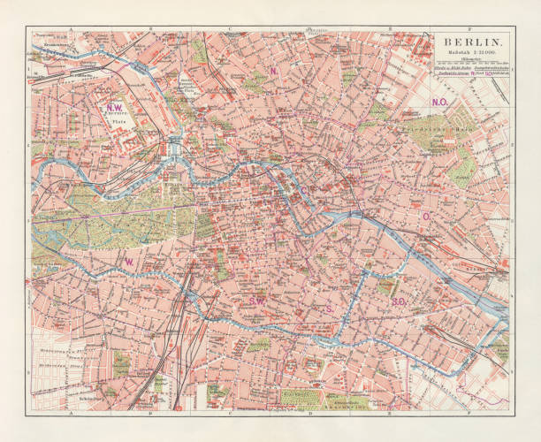 stadtplan von berlin, deutschland, lithographie, veröffentlicht im jahre 1897 - spree stock-grafiken, -clipart, -cartoons und -symbole