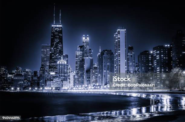 Glowing Chicago Skyline Stock Photo - Download Image Now - Chicago - Illinois, Urban Skyline, Night