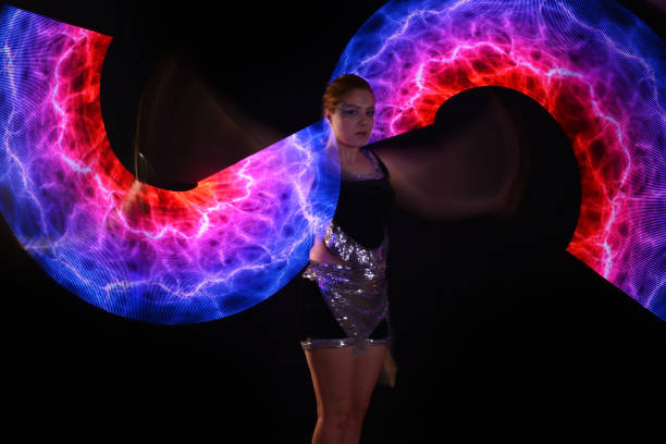 istock Led poi. Laser show performance, dancer in led suits with LED lamp 940458076