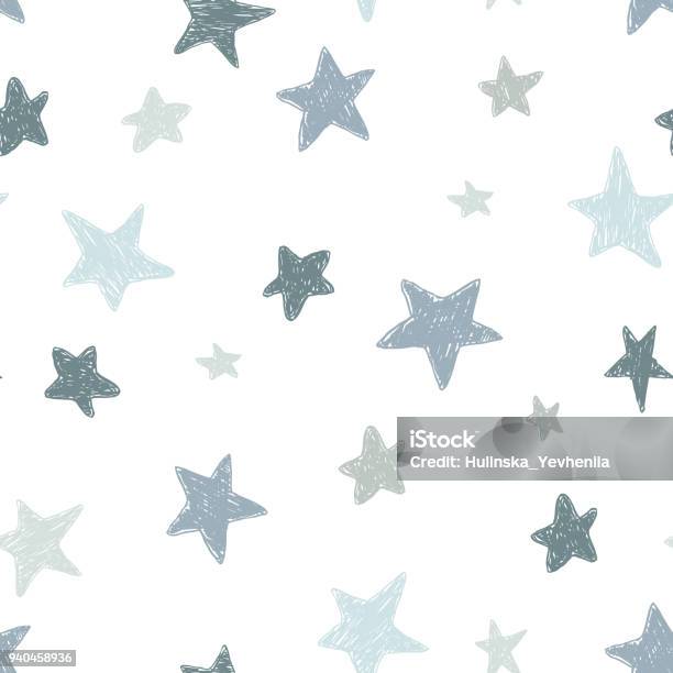 Vector Kids Pattern With Doodle Textured Stars Vector Seamless Background Black Gray White Scandinavian Style Stock Illustration - Download Image Now
