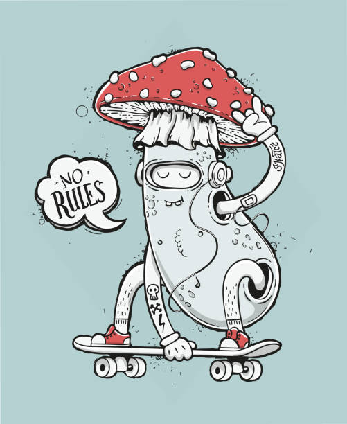 Skater Mushroom Illustration Young guy riding a skateboard in a mushroom costume. Rebel skater with tattooed sleeves making a skate trick and showing horns sign. EPS10 vector humorous illustration. Ollie stock illustrations