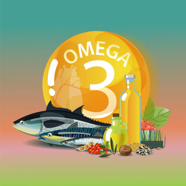 illustrazioni stock, clip art, cartoni animati e icone di tendenza di omega 3. acidi grassi polinsaturi. - fish oil illustrations