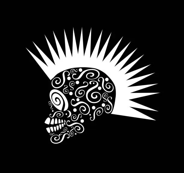 Vector illustration of Punk skull icon with Mohawk, black and white