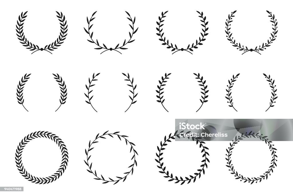 Collection of different laurel wreaths. Hand drawn vector round frames for invitations, greeting cards, quotes, logos, posters and more. Vector Collection of different laurel wreaths. Hand drawn vector round frames for invitations, greeting cards, quotes, logos, posters and more. Vector illustration Laurel Wreath stock vector