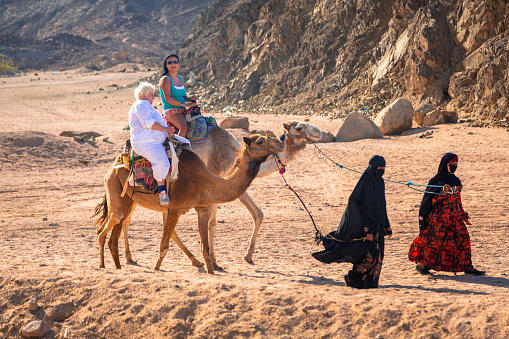 Hurghada, Egypt - April 16, 2013: Camel ride on the desert near Hurghada, Egypt. Camel ride on the desert is one of the main local tourist attraction in Egypt.