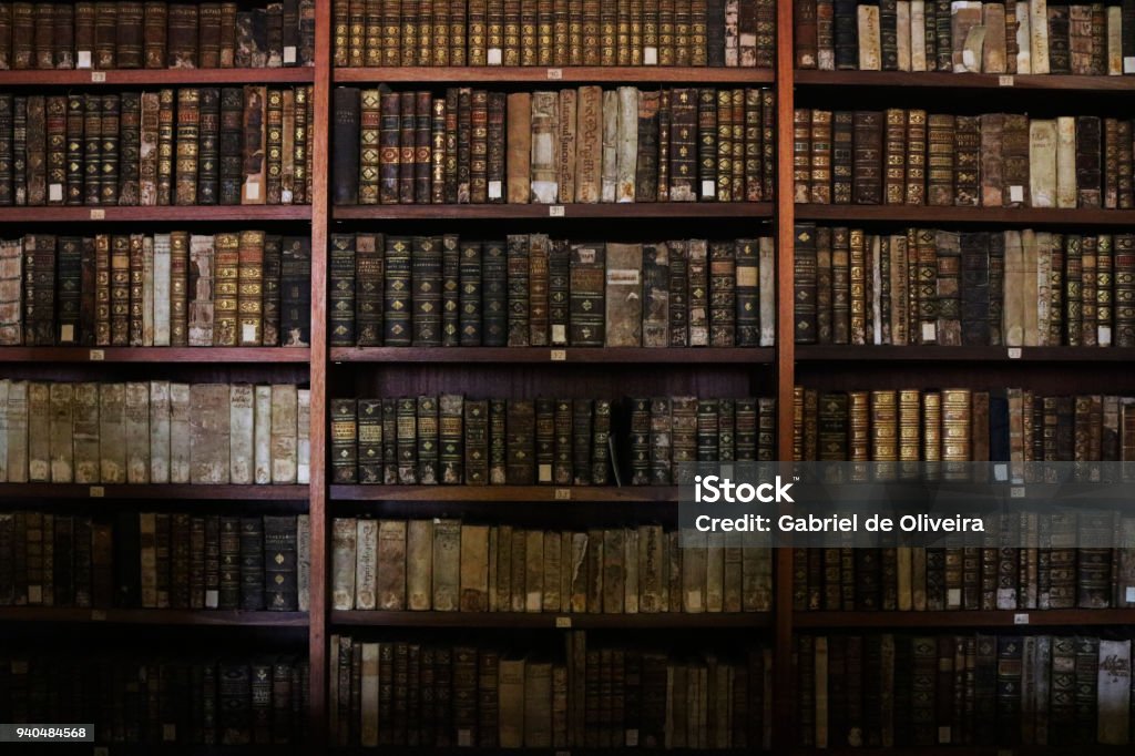 Viejos libros en un estante de biblioteca. - Foto de stock de Biblioteca libre de derechos