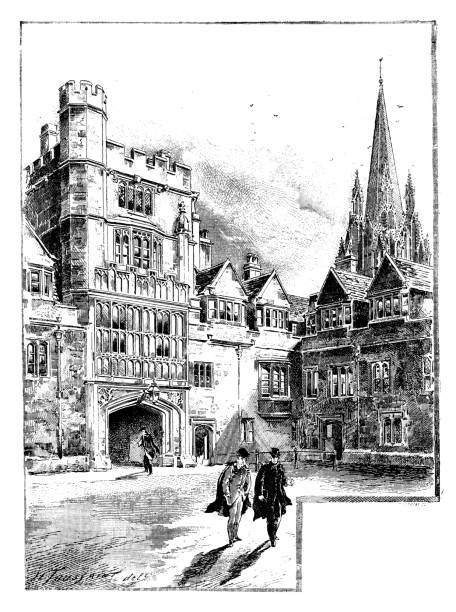 antika illüstrasyonlar i̇ngiltere, i̇skoçya ve i̇rlanda: brasenose college, oxford'da - oxford oxfordshire stock illustrations