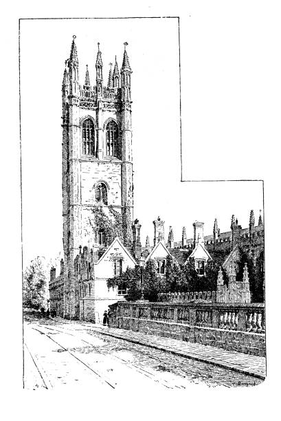 antika illüstrasyonlar i̇ngiltere, i̇skoçya ve i̇rlanda: magdalen kulesi, oxford - oxford oxfordshire stock illustrations