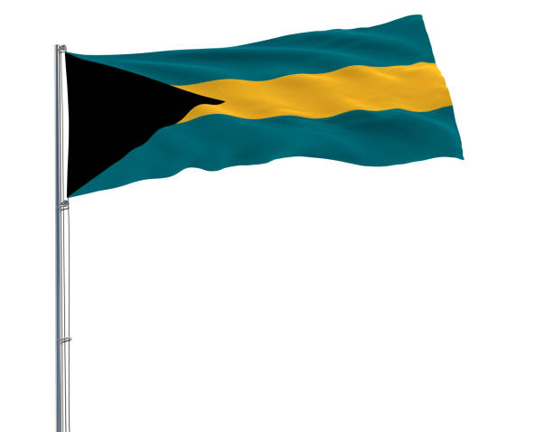 istock Isolate flag of Bahamas on a flagpole fluttering in the wind on white background, 3d rendering. 940491140