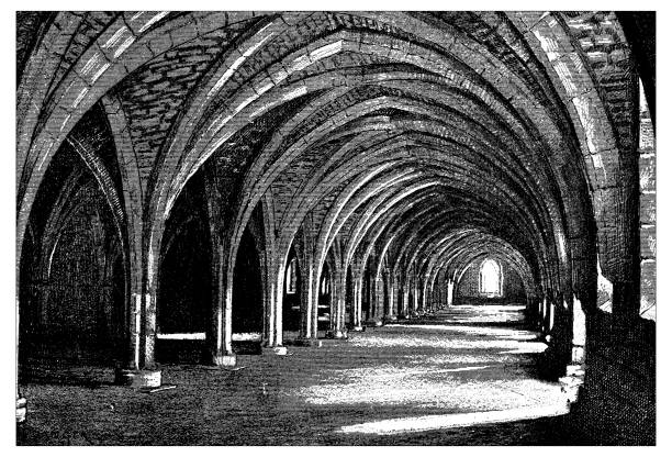 Antique illustrations of England, Scotland and Ireland: Fountains Abbey Antique illustrations of England, Scotland and Ireland: Fountains Abbey cloister stock illustrations