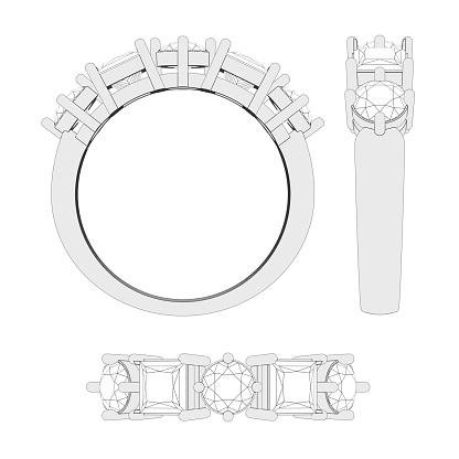 3D illustration isolated three different angle sketch five stones diamond ring on a white background