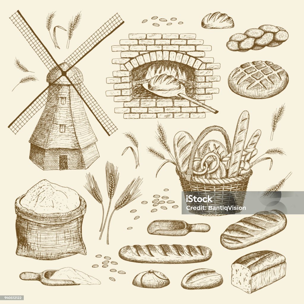 Bakery illustration. Vector hand drawn bakery illustration collection. Windmill, oven, bread, basket, flour, wheat. Bread stock vector