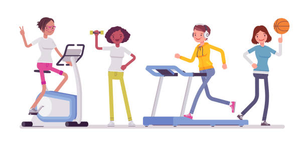 Women fitness club Women fitness club. Slim attractive ladies doing sport exercise at strength training equipment and workout equipment for health and weight loss for body shape. Vector flat style cartoon illustration woman on exercise machine stock illustrations