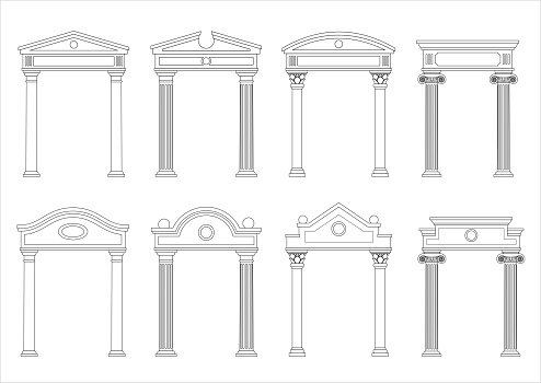 A set of silhouettes of classic vintage arches and facades. Templates for colorings. Vector graphics. Architectural elements of pediments