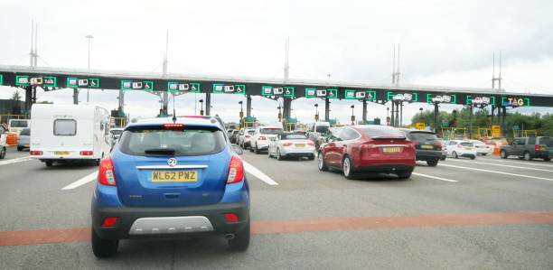 Vehicles approaching the Severn bridge toll booth stock photo