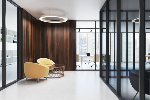 istock Wooden office lobby, armchairs 940522176