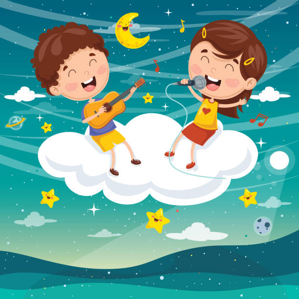 wektorowa ilustracja dzieci tworzących muzykę w chmurze - childrens music stock illustrations