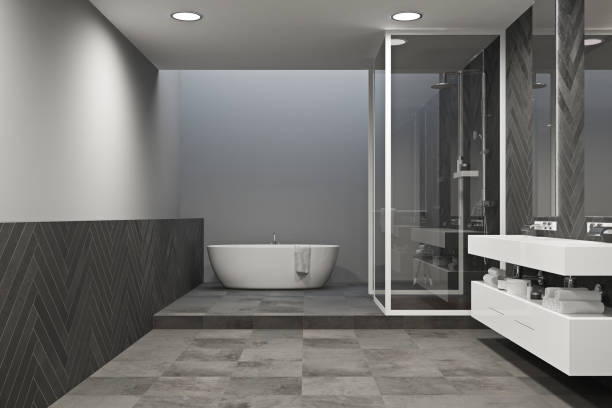 istock Interior of a gray bathroom with tiled floor 940523694
