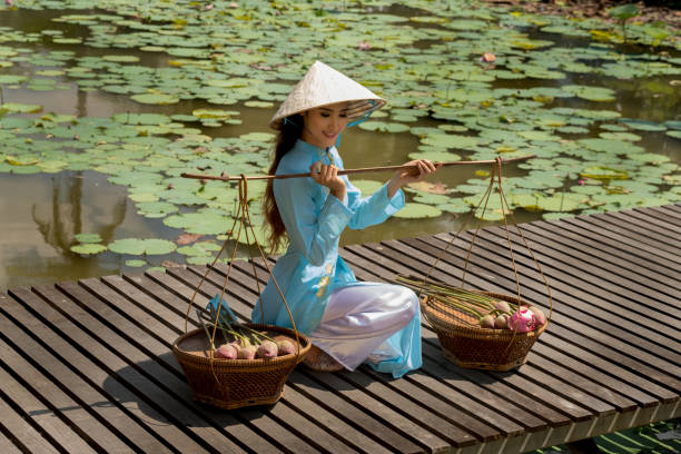 Vietnamese woman with lotus basket stock photo