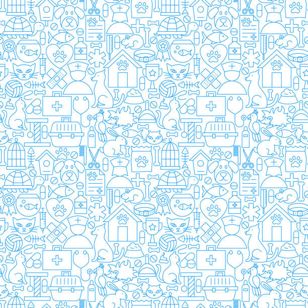 ilustrações de stock, clip art, desenhos animados e ícones de veterinary white line seamless pattern - clínica veterinária