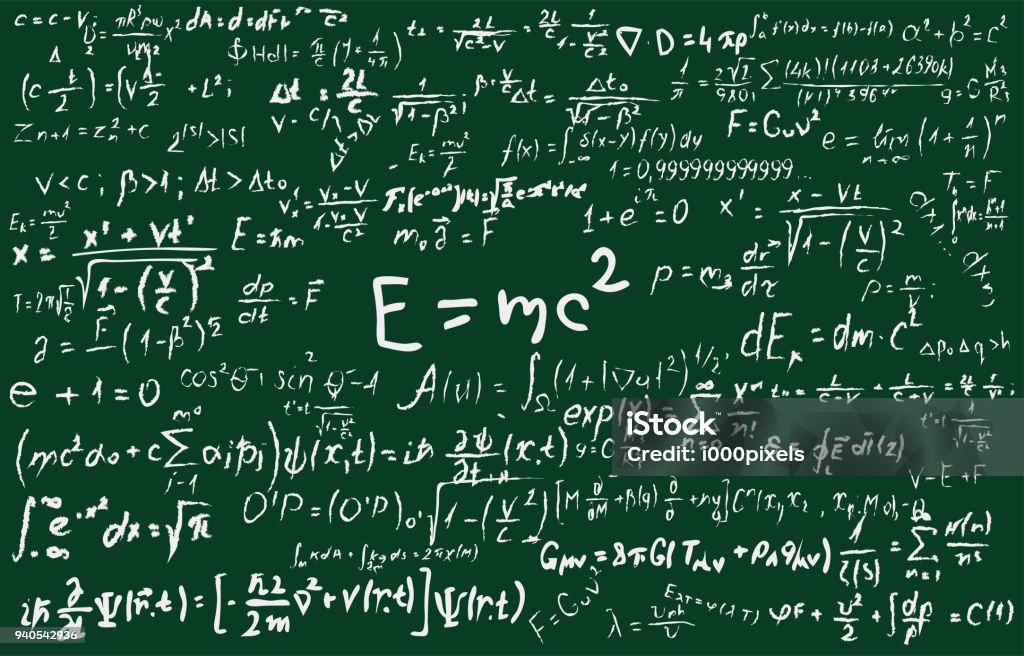 Tafel mit wissenschaftlichen Formeln und Berechnungen in der Physik und Mathematik eingeschrieben. Wissenschaftliche Themen gebunden, Quantenmechanik, Relativitätstheorie und wissenschaftliche Berechnungen zeigen - Lizenzfrei E=mc2 Vektorgrafik