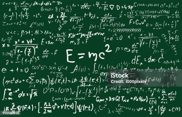 Tafel Mit Wissenschaftlichen Formeln Und Berechnungen In Der Physik Und Mathematik Eingeschrieben Wissenschaftliche Themen Gebunden Quantenmechanik Relativitätstheorie Und Wissenschaftliche Berechnungen Zeigen Stock Vektor Art und mehr Bilder von E=mc2