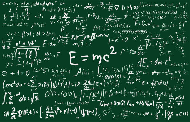 Blackboard inscribed with scientific formulas and calculations in physics and mathematics. Can illustrate scientific topics tied to quantum mechanics, relativity theory and any scientific calculations Chalkboard inscribed with scientific formulas and calculations in physics and mathematics. drawing of a advanced math formulas stock illustrations