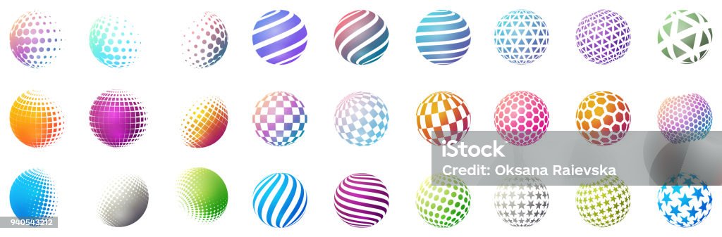 Set of minimalistic shapes. Halftone bright color spheres isolated on white background. Stylish emblems. Vector spheres with dots, stripes, triangles, hexagons for web designs. Simple signs collection Sphere stock vector