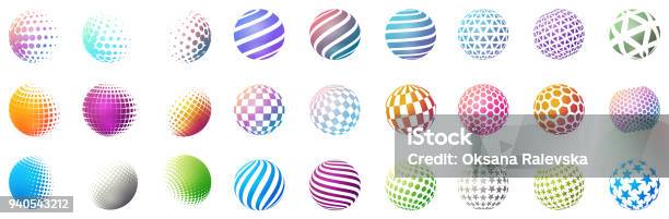 Set Of Minimalistic Shapes Halftone Bright Color Spheres Isolated On White Background Stylish Emblems Vector Spheres With Dots Stripes Triangles Hexagons For Web Designs Simple Signs Collection Stock Illustration - Download Image Now