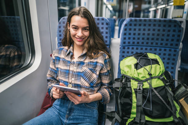 istock Young woman travelling on the evening train 940543838