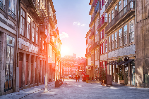 Beautiful Porto street sunset time, old city center, Portugal