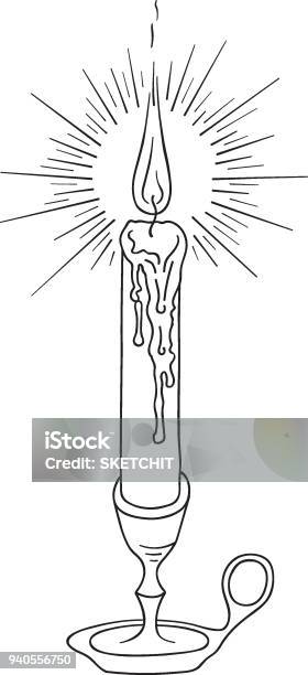 Hand Drawn Doodle Sketch Line Art Vector Illustration Of Burning Candle On Candleholder Emblem Poster Banner Black Outline Design Element Stock Illustration - Download Image Now