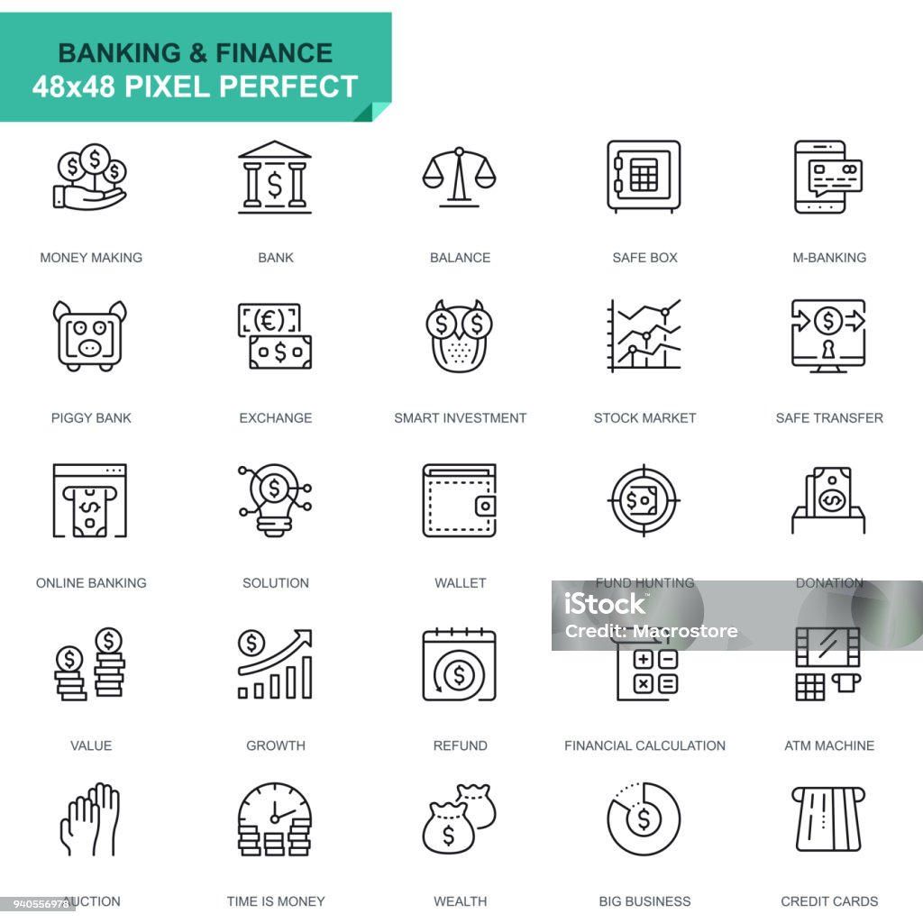 Simple Set Banking and Finance Line Icons Simple Set Banking and Finance Line Icons for Website and Mobile Apps. Contains such Icons as Balance, E-Banking, Auction, Financial Growth. 48x48. Editable Stroke. Vector illustration. Icon Symbol stock vector