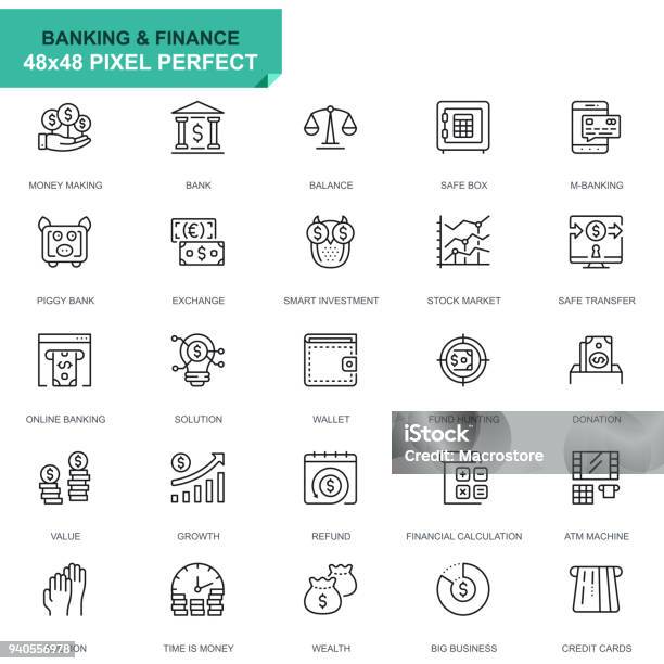 Simple Set Banking And Finance Line Icons Stock Illustration - Download Image Now - Icon Symbol, Currency, Bundle