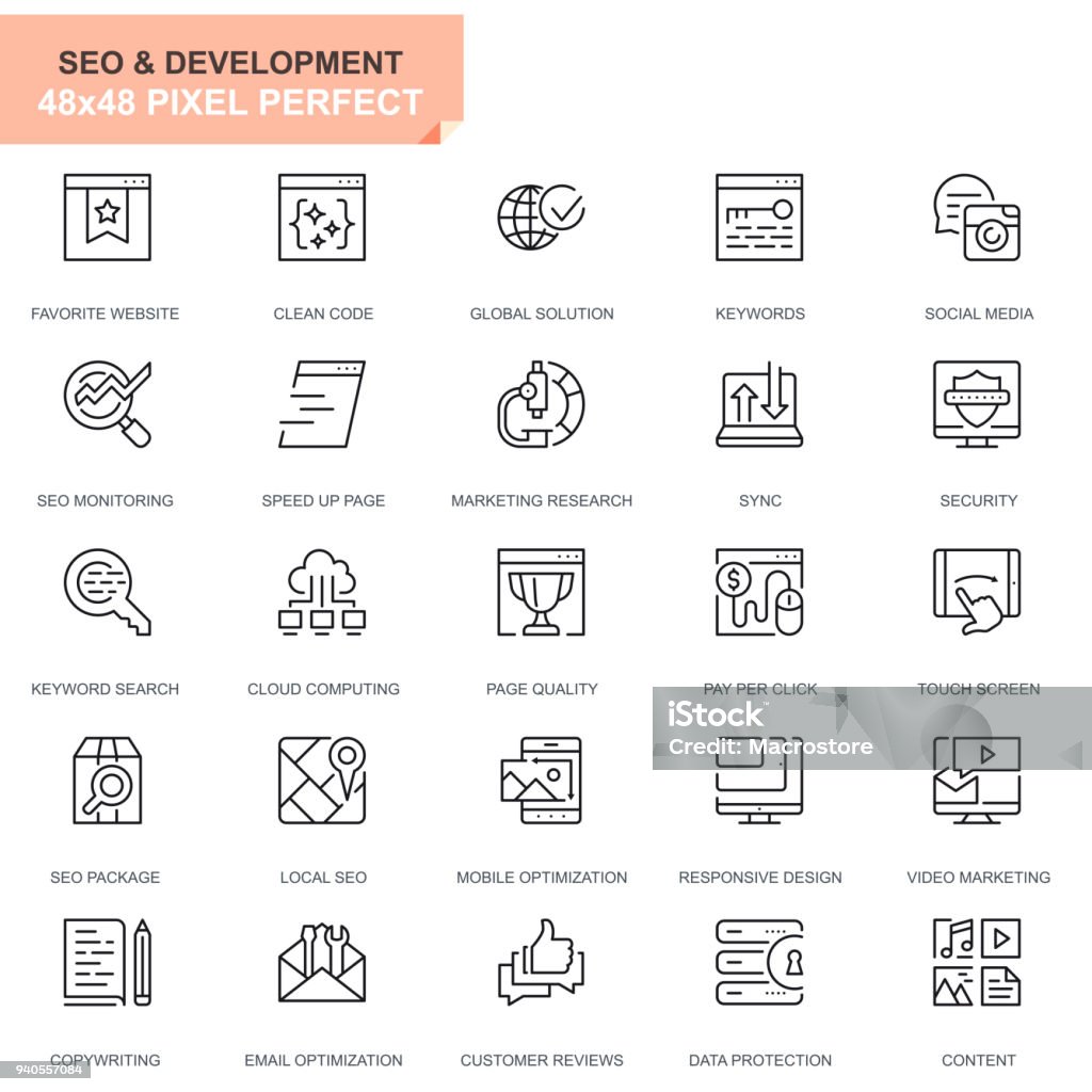 Simple Set Seo and Development Line Icons Simple Set Seo and Development Line Icons for Website and Mobile Apps. Contains such Icons as Clean Code, Data Protection, Monitoring. 48x48. Editable Stroke. Vector illustration. Line Icon stock vector