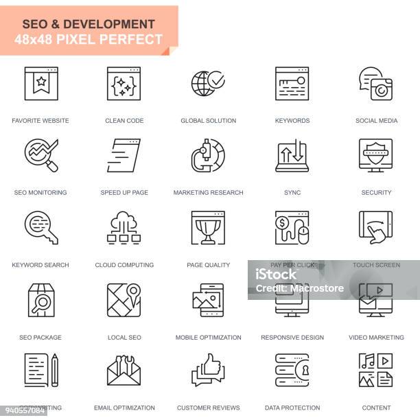 Simple Set Seo And Development Line Icons Stock Illustration - Download Image Now - Line Icon, Icon Symbol, Speed