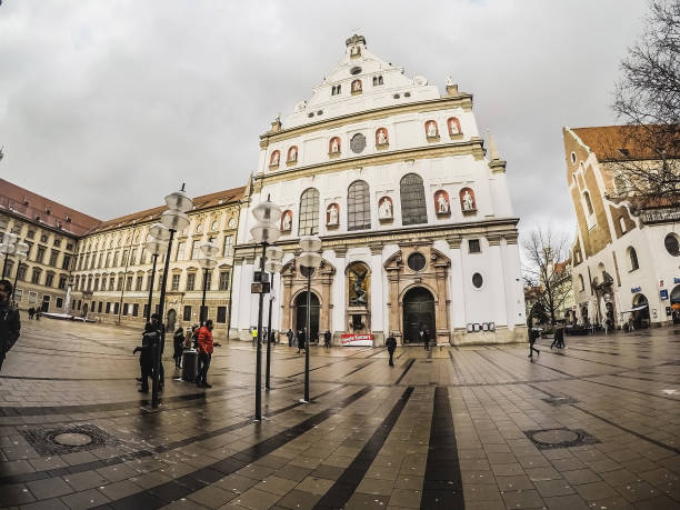 Munchen, Germany - February 04, 2018: Jesuit church called of St. Michael Kirche. Photo on a cloudy and cold day.