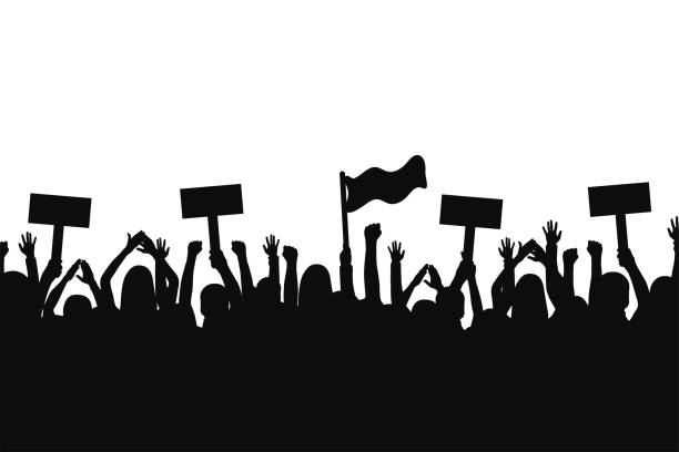 Crowd of protesters people. Silhouettes of people with banners and with raised up hands. Concept of revolution and political or social protest Crowd of protesters people. Silhouettes of people with banners and with raised up hands. Concept of revolution and political or social protest. Vector activist speech stock illustrations
