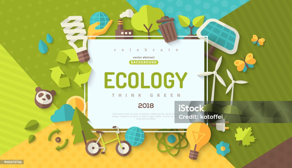 Ecology concept banner Environmental protection, ecology concept horizontal banner in flat style with square frame on colorful modern geometric background. Vector illustration for web banners and promotional materials. Environmental Conservation stock vector