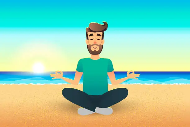 Vector illustration of Cartoon flat happy man sitting on beach and meditating. Illustration of handsome male relaxed calm in lotus pose. Man Yoga - relaxation in the coast. Relax vacation summer holidays concept