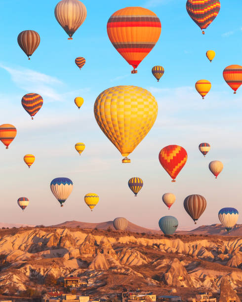 hot air balloons cappadocia landscape view. - cappadocia hot air balloon turkey basket imagens e fotografias de stock