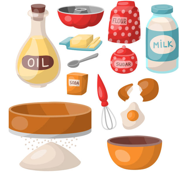 Baking pastry prepare cooking ingredients kitchen utensils homemade food preparation baker vector illustration Baking pastry prepare cooking ingredients kitchen utensils homemade food preparation baker vector illustration. Traditional cake recipe dessert culinary tools. rolling dough stock illustrations
