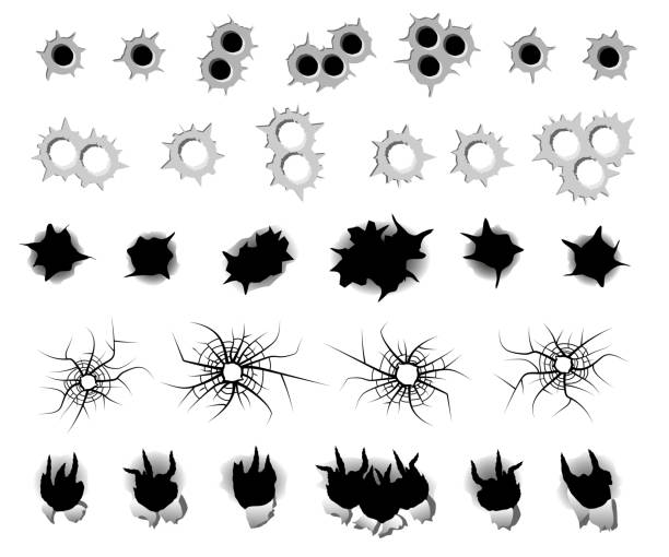 총알 구멍 세트 - bullet hole exploding hole tearing stock illustrations