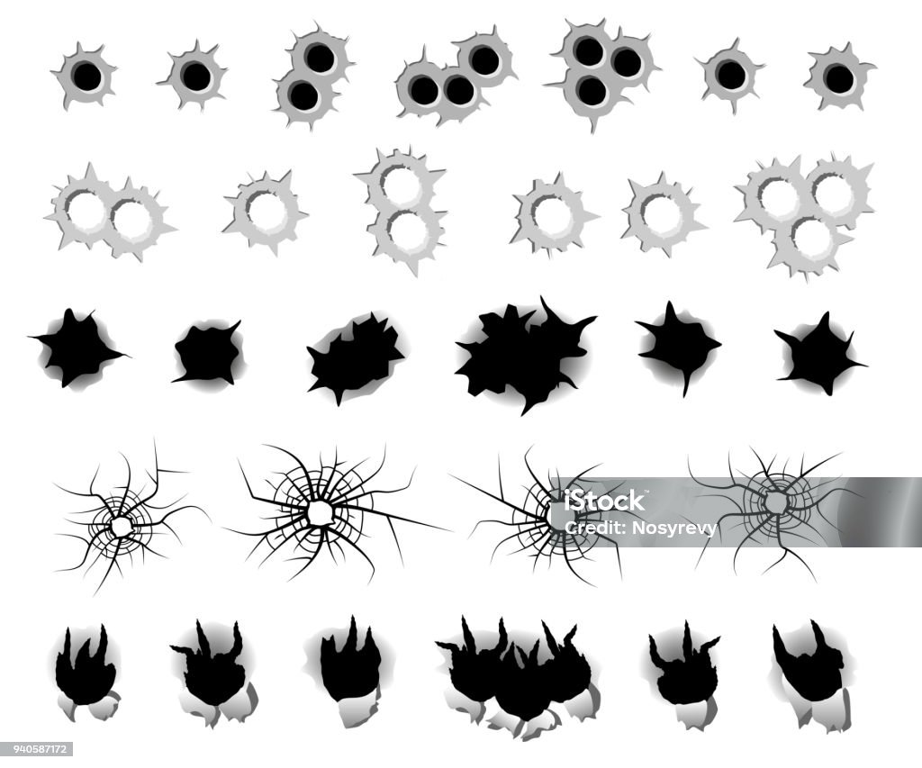 Bullet Hole Set Stock Illustration - Download Image Now - Bullet Hole,  Glass - Material, Gun - iStock