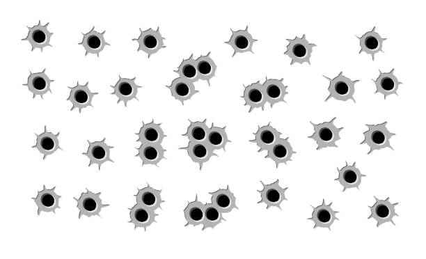ilustraciones, imágenes clip art, dibujos animados e iconos de stock de conjunto de agujeros de bala, color negro y gris, aislado - bullet bullet hole hole glass